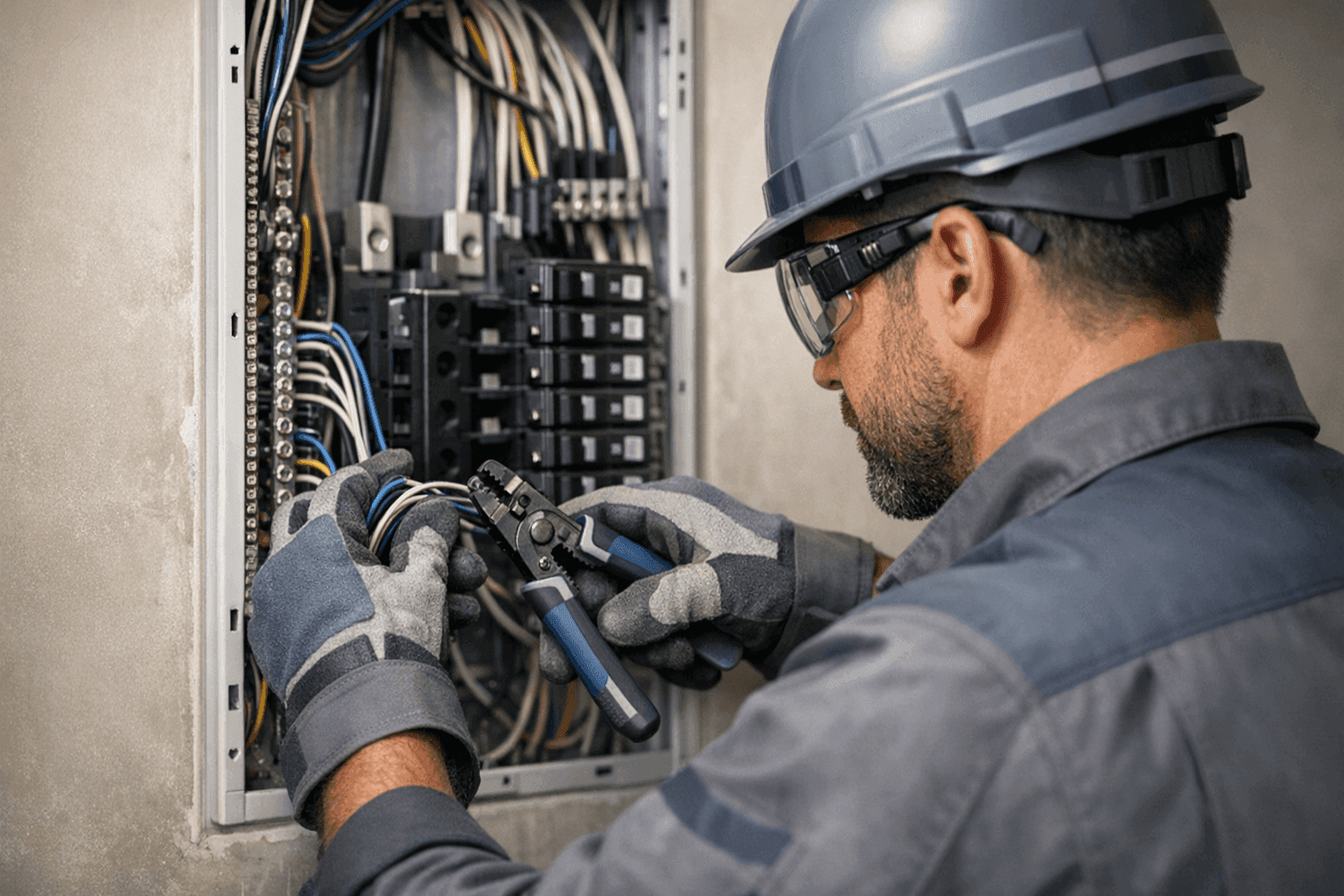 Professional residential electrician wearing PPE working on a clean electrical panel indoors in Durham