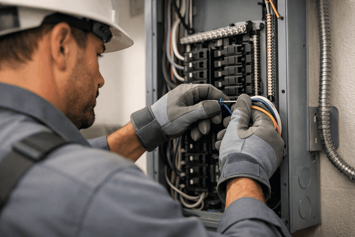 Close-up of electrician’s gloved hands wiring a modern home electrical panel in Durham